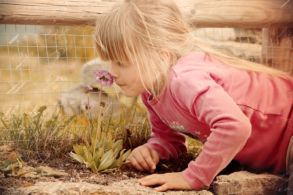Dziewczynka wąchająca kwiaty